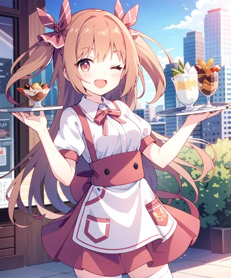 nozomi_routine, 1girl, solo, one eye closed, thighhighs, open mouth, smile, long hair, skirt, short sleeves, waitress, two side up, shirt, white shirt, puffy short sleeves, red skirt, looking at viewer, ribbon, hair ribbon, zettai ryouiki, tray, pink thighhighs, standing, high-waist skirt, hand up, red ribbon, index finger raised, holding tray ,outdoors , restaurant, food
<lora:nozomi-000014:0.7>