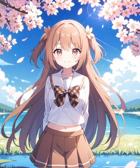 nozomi_routine, 1girl, solo, skirt, long hair, smile, plaid, arms behind back, looking at viewer, two side up, navel, school uniform, brown skirt, shirt, bangs, white shirt, midriff, long sleeves, very long hair, sailor collar, breasts, closed mouth, fluttering grass,(spring,sakura blossoms),petals,(lens flare),altocumulus,(shade) of [a sakura tree],meadow,(lake,surface reflection)
<lora:nozomi-000014:0.7>