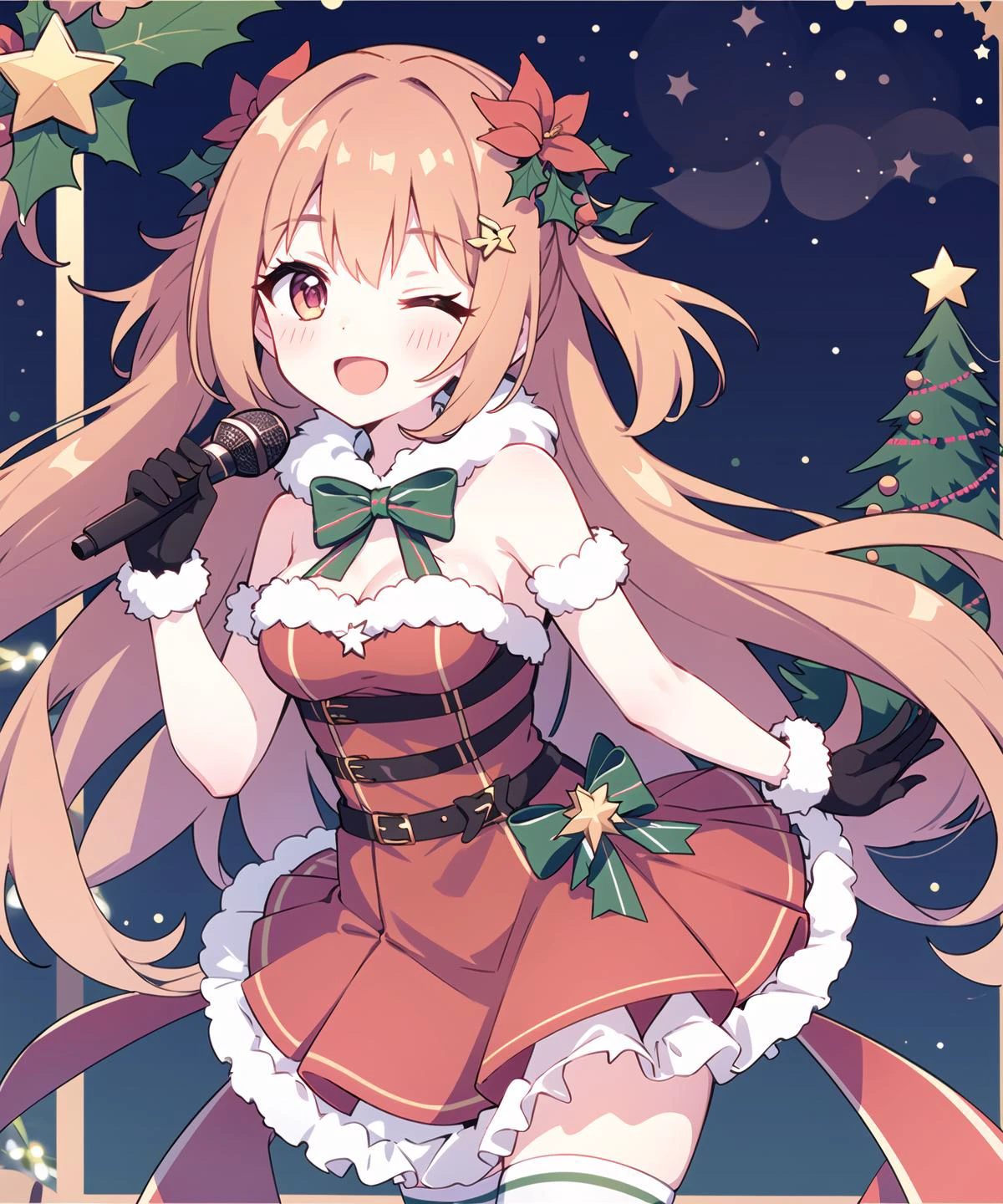 nozomi, nozomi_christmas,1girl, one eye closed, gloves, long hair, open mouth, christmas, smile, solo, hair ornament, flower, microphone, breasts, hair flower, looking at viewer, holding, dress, ;d, blush, night, gift, bow, ribbon, fur trim, red dress, christmas tree, sky, frills, thighhighs, small breasts
<lora:nozomi1-000014:0.7>