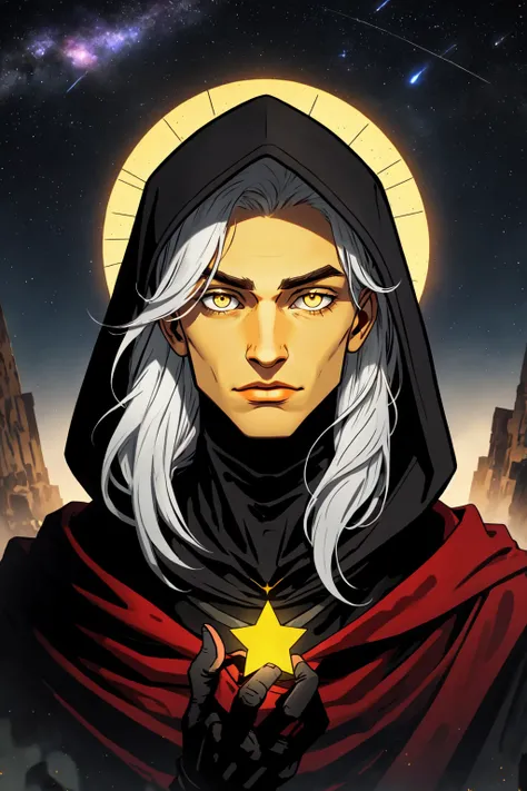 solo, long hair, 1boy, male focus, holding, white hair, yellow eyes, colored skin, yellow skin, sunken eyes, BREAK, glowing eyes, glowing, BREAK sky, BREAK cloak, red cloak, black hood, hood, portrait, star (sky), starry sky, magic, portal, BREAK, outdoors, fantasy, insane vibes, godlike, evil,