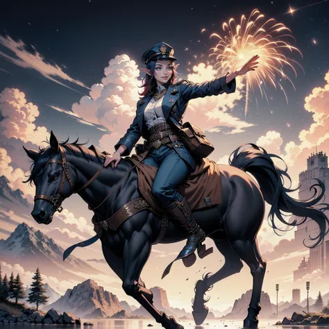elf, solo,1woman, European 26 year old woman, blue steampunk police uniform hat, baggy pants, long trench coat, with red/blue bob hair and elf ears, realistic, real life, extremely beautiful, highly detailed, ultra-detailed, incredibly detailed, riding horse, saluting, (masterpiece, best quality,clouds, warm smile, masterpiece, best quality, mountain range (in distance:1.2), floating in air, highres, detailed eyes, perfect eyes, beautiful eyes, perfect detailed beautiful face, distant view, (full body view, highres, high quality, masterpiece, ultra detailed, perfect lighting:1.1). fireworks, night sky