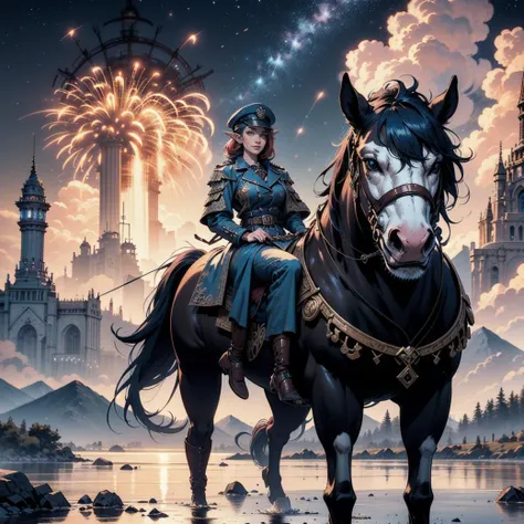 elf, solo,1woman, European 26 year old woman, blue steampunk police uniform hat, baggy pants, long trench coat, with red/blue bob hair and elf ears, realistic, real life, extremely beautiful, highly detailed, ultra-detailed, incredibly detailed, sitting on horse, horse rearing, (masterpiece, best quality,clouds, warm smile, masterpiece, best quality, mountain range (in distance:1.2), floating in air, highres, detailed eyes, perfect eyes, beautiful eyes, perfect detailed beautiful face, distant view, (full body view, highres, high quality, masterpiece, ultra detailed, perfect lighting:1.1). fireworks, night sky