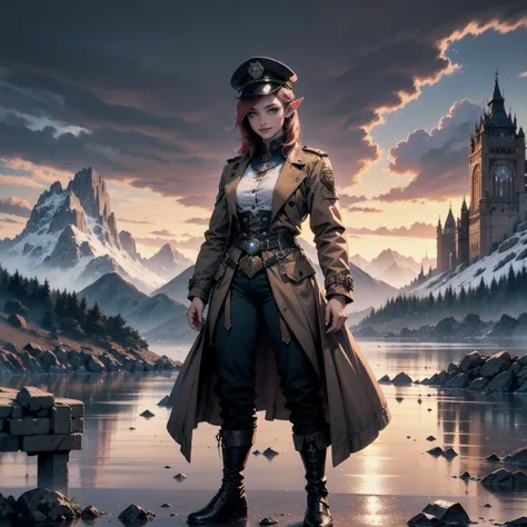 elf, solo,1woman, European 26 year old woman, blue steampunk police uniform hat, baggy pants, long trench coat, with red/blue bob hair and elf ears, realistic, real life, extremely beautiful, highly detailed, ultra-detailed, incredibly detailed, (masterpiece, best quality,clouds, warm smile, masterpiece, best quality, mountain range (in distance:1.2), standing, highres, detailed eyes, perfect eyes, beautiful eyes, perfect detailed beautiful face, distant view, (full body view, highres, high quality, masterpiece, ultra detailed, perfect lighting:1.1)