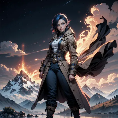 elf, solo,1woman, European 26 year old woman, blue steampunk police uniform hood, baggy pants, long trench coat, with red/blue bob hair and elf ears, realistic, real life, extremely beautiful, highly detailed, ultra-detailed, incredibly detailed, falling from the sky, heroic expression on face (masterpiece, best quality,clouds, warm smile, masterpiece, best quality, mountain range (in distance:1.2), standing, highres, detailed eyes, perfect eyes, beautiful eyes, perfect detailed beautiful face, distant view, (full body view, highres, high quality, masterpiece, ultra detailed, perfect lighting:1.1). fire works, night sky