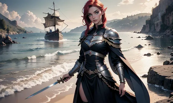 back facing the view, looking out to sea European 26 year old woman , red/blue bob hair and elf ears, eyes, realistic, real life, extremely beautiful, highly detailed, ultra-detailed, incredibly detailed, (masterpiece, best quality, sharp focus) full body,chest, gentle grin,with man,valley background, rolling hills, rivers and airship above view. black dress, golden embellishment,crown, knight holding sword