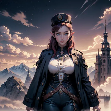 elf, solo,1woman, European 26 year old woman, blue steampunk police uniform hat, baggy pants, long trench coat, with red/blue bob hair and elf ears, realistic, real life, extremely beautiful, highly detailed, ultra-detailed, incredibly detailed, falling from the sky, heroic expression on face (masterpiece, best quality,clouds, warm smile, masterpiece, best quality, mountain range (in distance:1.2), floating in air, highres, detailed eyes, perfect eyes, beautiful eyes, perfect detailed beautiful face, distant view, (full body view, highres, high quality, masterpiece, ultra detailed, perfect lighting:1.1). fire works, night sky