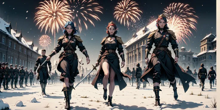 European 26 year old woman , red/blue bob hair and elf ears, eyes, realistic, real life, extremely beautiful, highly detailed, ultra-detailed, incredibly detailed, (masterpiece, best quality, sharp focus) full body,chest, gentle grin. black dress, golden embellishment,crown, holding sword, amongst soldiers in blistering snow ww2 setting, parade march, night time, fireworks in sky, torches