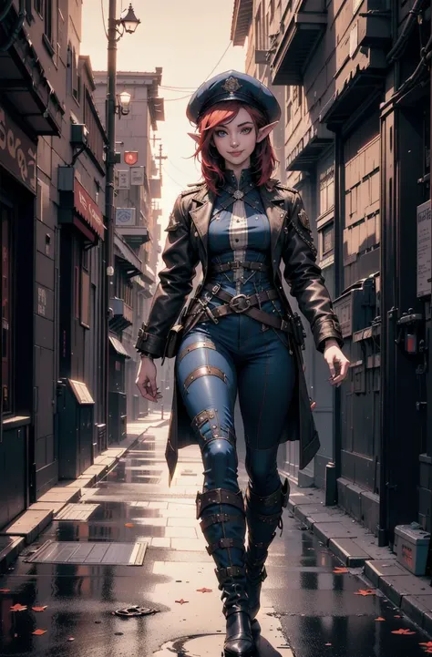 European 26 year old woman steampunk police uniform hat with red/blue bob hair and elf ears, photographed on a Sony A7R V, 55mm F/1.4 cine lens, thorough, analog style, realistic, real life, extremely beautiful, highly detailed, ultra-detailed, incredibly detailed, (masterpiece, best quality, sharp focus, HDR, spotlight, death light, moonlit, volumetric fog, warm smile, jacket colours focus eyes and face, perfect detail, fullbody, street view, alleyway, gentle smile