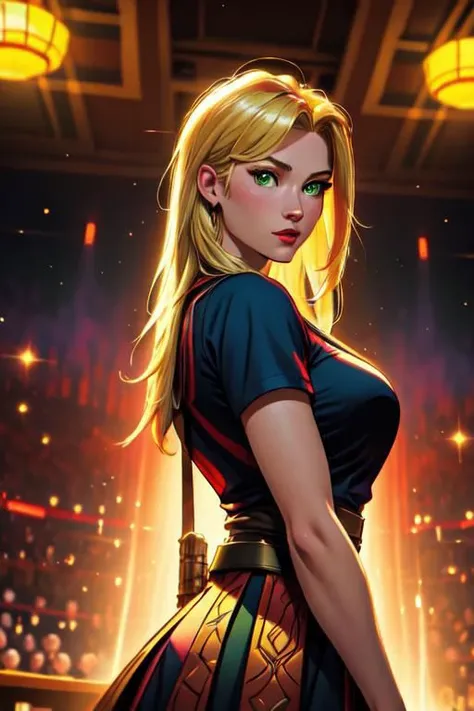 masterpiece, best quality, 1girl, female focus, solo, solo focus, extremely attractive woman, female wearing an x-men t-shirt, upper body, short sleeves, american heritage, blonde hair, green eyes, proud expression, standing inside a nightclub singing, comic book style, art by Joe Madureira, official art, LUT Like a , Canon EOS Mark IV, LUT moviee, back lighting, magic, Rembrandt lighting, sfw