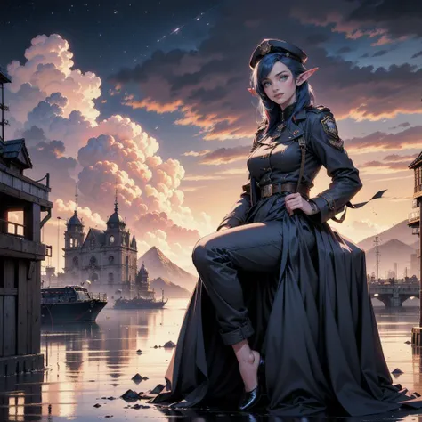 elf, solo,1woman, European 26 year old woman, blue steampunk police uniform hat, baggy pants, long trench coat, with red/blue bob hair and elf ears, realistic, real life, extremely beautiful, highly detailed, ultra-detailed, incredibly detailed, sitting by docks heroic expression on face (masterpiece, best quality,clouds, warm smile, masterpiece, best quality, mountain range (in distance:1.2), floating in air, highres, detailed eyes, perfect eyes, beautiful eyes, perfect detailed beautiful face, distant view, (full body view, highres, high quality, masterpiece, ultra detailed, perfect lighting:1.1). fire works, night sky
