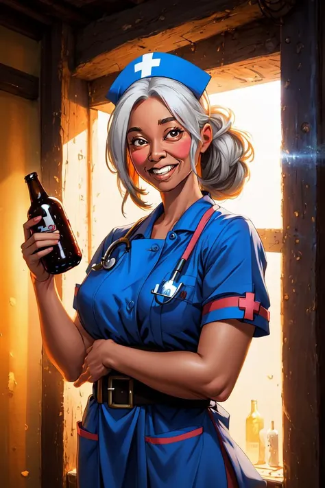 (full shot:1.5), cartoon nurse with a opened bottle of beer, detailed fingers, wide smiling, white teeth, realistic, fantasy painting, Studio lighting, side lighting