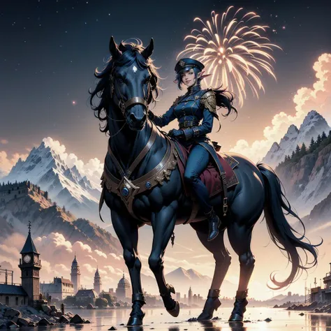 elf, solo,1woman, European 26 year old woman, blue steampunk police uniform hat, baggy pants, long trench coat, with red/blue bob hair and elf ears, realistic, real life, extremely beautiful, highly detailed, ultra-detailed, incredibly detailed, sitting on horse (masterpiece, best quality,clouds, warm smile, masterpiece, best quality, mountain range (in distance:1.2), floating in air, highres, detailed eyes, perfect eyes, beautiful eyes, perfect detailed beautiful face, distant view, (full body view, highres, high quality, masterpiece, ultra detailed, perfect lighting:1.1). fireworks, night sky