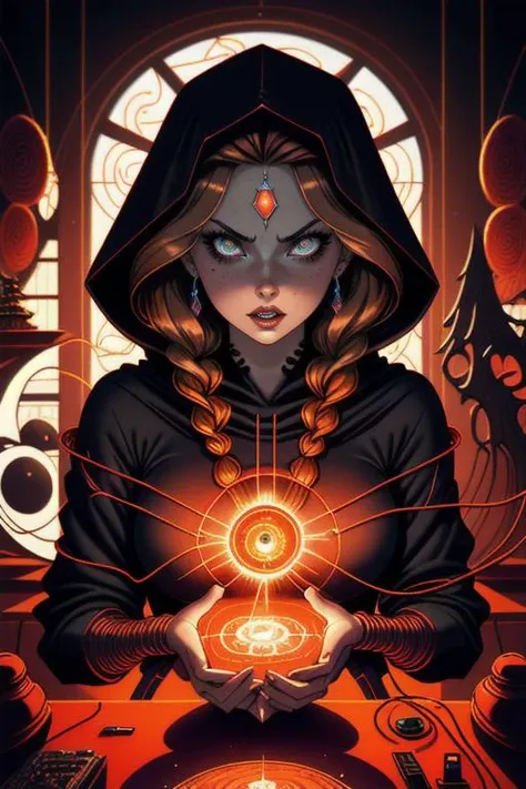 best quality,masterpiece,1 girl, adult woman, freckles, coral eyes, light brown braided hairstyle, focus on character, solo, (style-gravitymagic:0.8), solo, upper body, looking at viewer, detailed face,<lora:1970RetroFuturism:0.6>, 1970retrofuturism, 1970s theme,demonic warrior,(determined look,:1.05),fighting stance,black shirt,hood,obsidian artifact of thundercarrying infernal whip of vengeance,enveloped in primal vibrations,entrancing rhythms,quantum-linked wires interwoven with the fabric,geometrical body markings,indoors, altar,pristine observatory in background,otherworldly glow,,