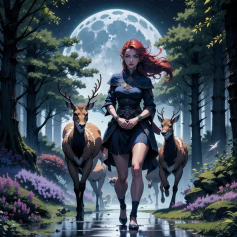 Herd of fluffy deer running, with elf woman 25 years old red and blue hair, violet forest, green night sky,moon in view , analog style, realistic, real life, extremely beautiful, highly detailed, ultra-detailed, incredibly detailed, (masterpiece, best quality, sharp focus,HDR, focus eyes and face, perfect detail, full body view), violet trees