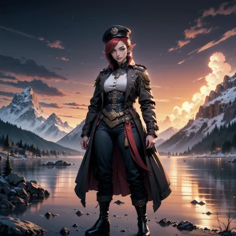 elf, solo,1woman, European 26 year old woman, blue steampunk police uniform hat, baggy pants, long trench coat, with red/blue bob hair and elf ears, realistic, real life, extremely beautiful, highly detailed, ultra-detailed, incredibly detailed, (masterpiece, best quality,clouds, warm smile, masterpiece, best quality, mountain range (in distance:1.2), standing, highres, detailed eyes, perfect eyes, beautiful eyes, perfect detailed beautiful face, distant view, (full body view, highres, high quality, masterpiece, ultra detailed, perfect lighting:1.1). fire works, night sky