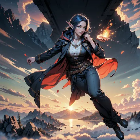 elf, solo,1woman, European 26 year old woman, blue steampunk police uniform hood, baggy pants, long trench coat, with red/blue bob hair and elf ears, realistic, real life, extremely beautiful, highly detailed, ultra-detailed, incredibly detailed, falling from the sky, heroic expression on face (masterpiece, best quality,clouds, warm smile, masterpiece, best quality, mountain range (in distance:1.2), floating in air, highres, detailed eyes, perfect eyes, beautiful eyes, perfect detailed beautiful face, distant view, (full body view, highres, high quality, masterpiece, ultra detailed, perfect lighting:1.1). fire works, night sky