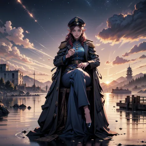 elf, solo,1woman, European 26 year old woman, blue steampunk police uniform hat, baggy pants, long trench coat, with red/blue bob hair and elf ears, realistic, real life, extremely beautiful, highly detailed, ultra-detailed, incredibly detailed, sitting on pier (masterpiece, best quality,clouds, warm smile, masterpiece, best quality, mountain range (in distance:1.2), floating in air, highres, detailed eyes, perfect eyes, beautiful eyes, perfect detailed beautiful face, distant view, (full body view, highres, high quality, masterpiece, ultra detailed, perfect lighting:1.1). fireworks, night sky
