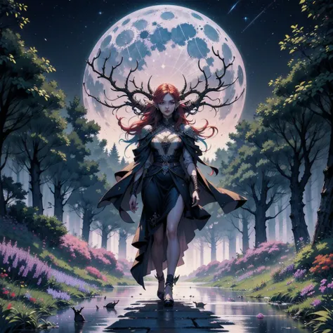 Herd of fluffy deer running, with elf woman 25 years old red and blue hair, violet forest, green night sky,moon in view , analog style, realistic, real life, extremely beautiful, highly detailed, ultra-detailed, incredibly detailed, (masterpiece, best quality, sharp focus,HDR, focus eyes and face, perfect detail, full body view), violet trees