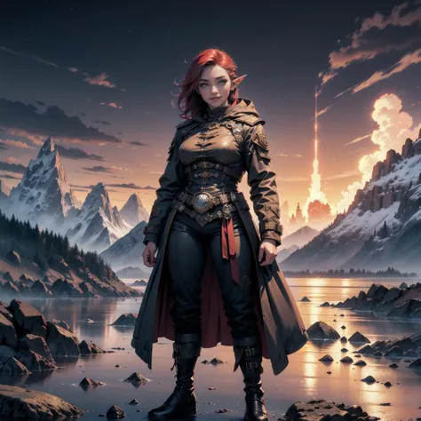 elf, solo,1woman, European 26 year old woman, blue steampunk police uniform hood, baggy pants, long trench coat, with red/blue bob hair and elf ears, realistic, real life, extremely beautiful, highly detailed, ultra-detailed, incredibly detailed, (masterpiece, best quality,clouds, warm smile, masterpiece, best quality, mountain range (in distance:1.2), standing, highres, detailed eyes, perfect eyes, beautiful eyes, perfect detailed beautiful face, distant view, (full body view, highres, high quality, masterpiece, ultra detailed, perfect lighting:1.1). fire works, night sky