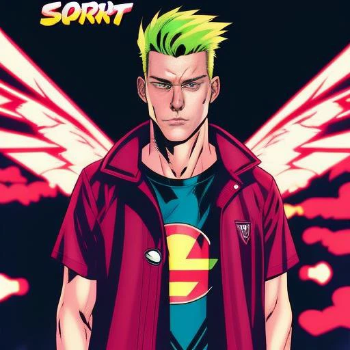 comic book style, Andy Kubert style line art, american heritage, blonde hair, bright red eyes, proud expression, standing inside a sports bar drinking beer, synthwave, nvinkpunk,
