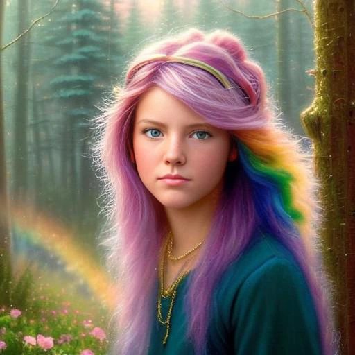 Thomas Kinkade Painting, Larry Elmore, WLOP, extremely attractive female , rainbow hair, looking at the camera, perfect face, perfect eyes,,snthwve style, kairowez