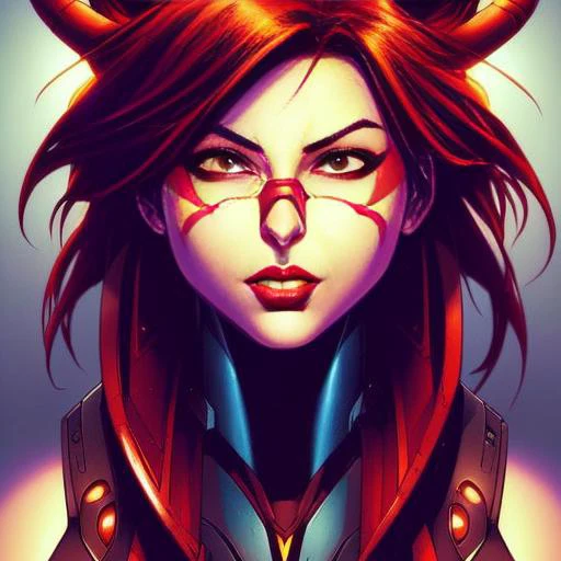 comic book style, joe madureira style line art, extremely attractive female , bright red eyes, proud expression, perfect face, perfect eyes,,snthwve style, duskypie