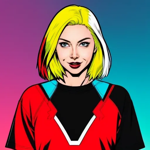 comic book style, Andy Kubert style line art, extremely attractive girl, woman, female wearing an x-men t-shirt, american heritage, blonde hair, bright red eyes, proud expression, standing inside a nightclub singing