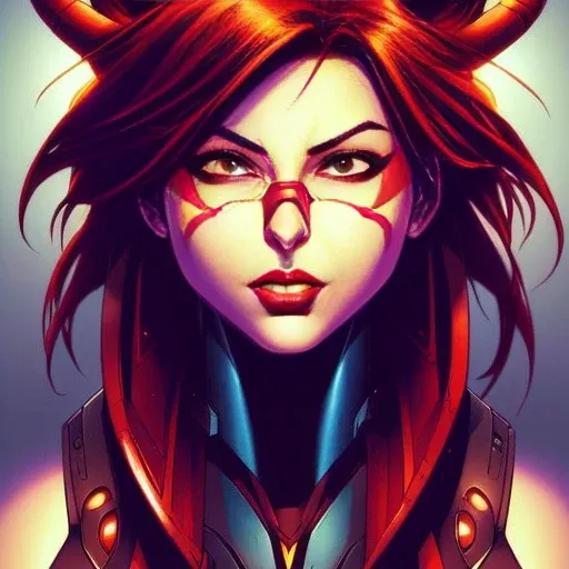 comic book style, joe madureira style line art, extremely attractive female  ,   bright red eyes, proud expression,  perfect face, perfect eyes,,snthwve style,  duskypie