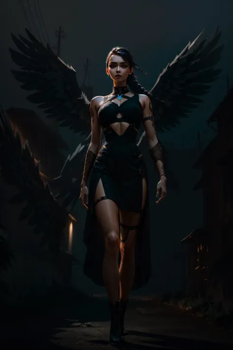 (a woman with wings on her body and a black dress), (hand well), (finger well), (long braided hair), (bangs), funky pose, with in frame, ultra-detailed, 8k, masterpiece, (volumetric lighting), beautiful detailed eyes, (ambient light), realistic shadows, (fullbody:1), (1girl), (cowboy shot), looking at viewer, perfect body, body well:1, leg well:1, arm well:1