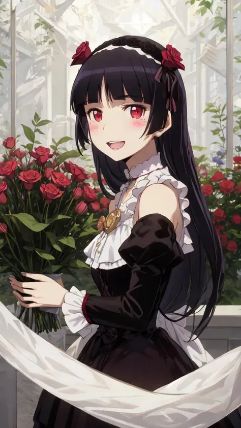 1 person,smile、Black Hair、Long Hair、Long Ponytail、Red hair ribbon、Holding a bouquet。、Are standing、Off the shoulder,mini skirt、Cowboy Shot,Bare legs,bedroom、Bright room、