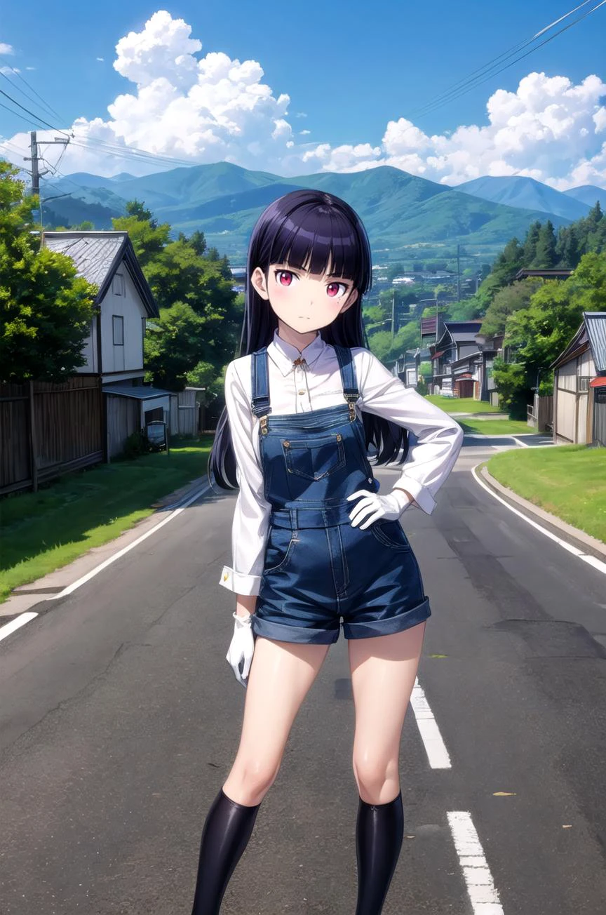 (masterpiece, best quality, detailed), 1girl, solo, looking at viewer, <lora:ruri-oreimo:0.8>, ruri gokou, overalls, long sleeves, outdoors, (rural), japan, contrapposto, legs apart, head tilt, red eyes, white gloves, mountain, blue sky, cloud, (village), scenery, landscape, house, grass, road, utility pole, road sign, hand on own hip, arm at side, closed mouth
