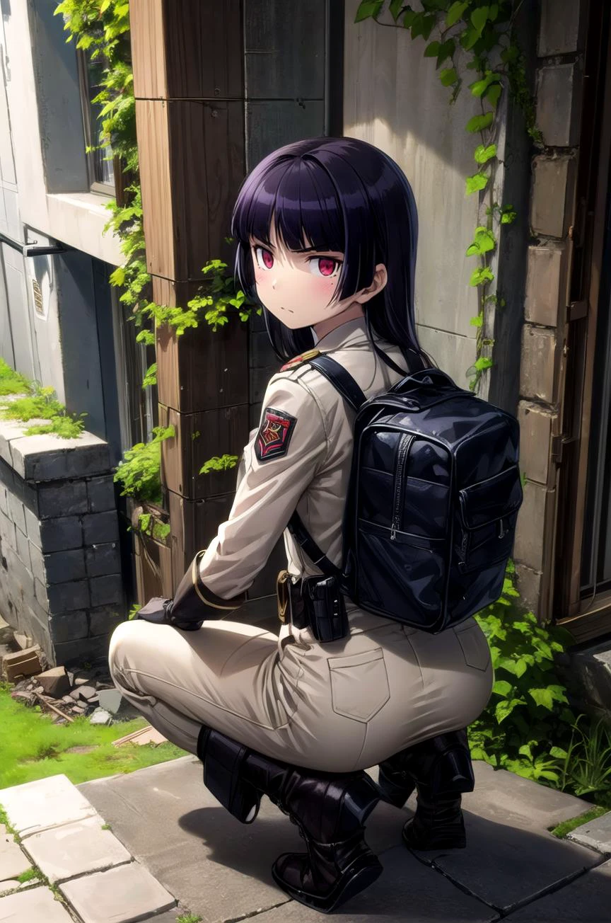 (masterpiece, best quality, detailed), 1girl, solo, looking at viewer, <lora:ruri-oreimo:0.8>, ruri gokou, soldier, military, long sleeves, military uniform, ruins, outdoors, overgrown, post-apocalypse, kneeling, full body, looking back, from behind, red eyes, pouch, backpack, boots, black footwear, rubble, vines, from above, arm support, gloves, serious, v-shaped eyebrows, closed mouth