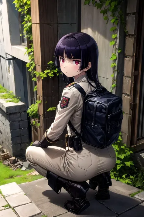 (masterpiece, best quality, detailed), 1girl, solo, looking at viewer, <lora:ruri-oreimo:0.8>, ruri gokou, soldier, military, long sleeves, military uniform, ruins, outdoors, overgrown, post-apocalypse, kneeling, full body, looking back, from behind, red eyes, pouch, backpack, boots, black footwear, rubble, vines, from above, arm support, gloves, serious, v-shaped eyebrows, closed mouth