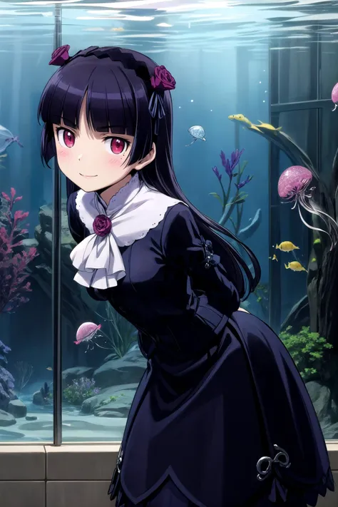 (masterpiece, best quality, detailed), 1girl, solo, looking at viewer, <lora:ruri-oreimo:0.8>, ruri gokou, gothic XXXXXX, XXXXXX fashion, headband, light smile, indoors, aquarium, aquarium tunnel, glass, scenery, jellyfish, arms behind back, leaning forward, red eyes, (ceiling:0.85), (ceiling light:0.85), railing, tile floor, closed mouth