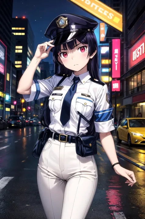 (masterpiece, best quality, detailed), 1girl, solo, looking at viewer, <lora:ruri-oreimo:0.8>, ruri gokou, policewoman, police uniform, collared shirt, white shirt, police hat, peaked cap, armband, outdoors, city, contrapposto, legs apart, head tilt, hip focus, red eyes, necktie, blue pants, belt, belt pouch, night, city lights, neon lights, car, people, hand on headwear, closed mouth