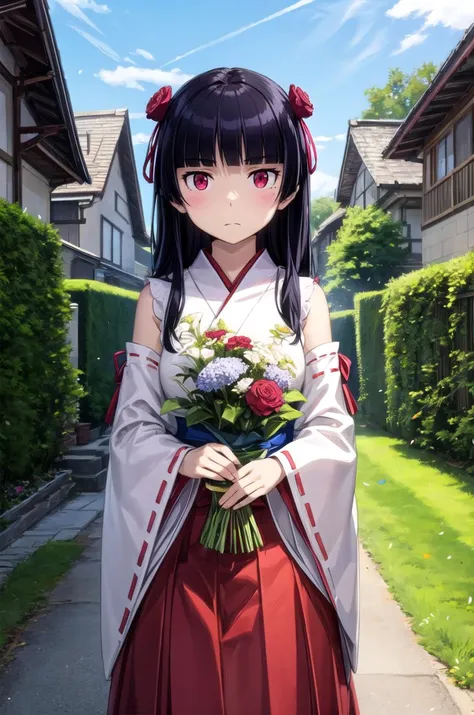 (masterpiece, best quality, detailed), 1girl, solo, looking at viewer, <lora:ruri-oreimo:0.8>, ruri gokou, miko, japanese clothes, red hakama, white kimono, ribbon trim, outdoors, garden, sunlight, day, bush, holding bouquet, bouquet, red eyes, wide sleeves, blue sky, grass, flower, white flower, house, petals, wind, flower pot, closed mouth