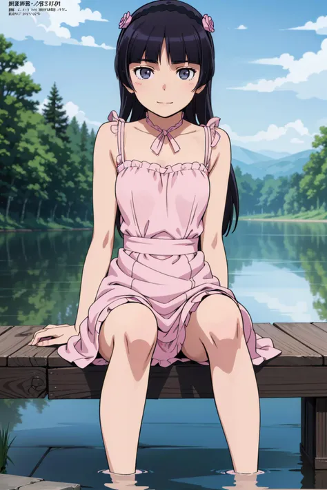 8k high quality detailed,highres,anime,comic,detailed image,
(an illustration of a teenage girl posing,(an illustration of girl,teenage girl)),(magazine_illustration),
(,ruri gokou,headband,long hair,black hair),((Broad Smile):0.8),detailed_face,
((Sitting on a wooden dock, feet dipped in water, staring at the reflection with introspection,):0.8),
(,again_dress_v1,pink_dress,loose_fitting),(,realistic clothing texture,realistic_skin_texture),<lora:ruri:0.7>,<lora:Again_Dress_v1:0.6>,<lora:more_details:0.2>