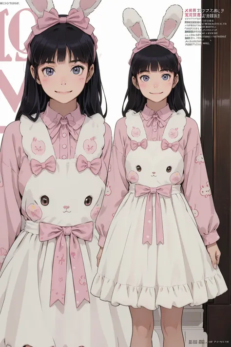 8k high quality detailed,highres,comic,anime,detailed image,
(an illustration of a teenage girl posing,magazine_sheet, (an illustration of girl,teenage girl)),(magazine_illustration),[multiple view manuscript],(fashion magazine),
(,ruri gokou,headband,long hair,black hair),(Qualifier Smile),
((Leaning forward, hands on the knees,):0.7),detailed_face,realistic_skin_texture,
(, cyb dress,rabbit dress,white dress,rabbit skirt,shirt,animal print shirt,long sleeves,bow,pink bow,rabbit ears,rabbit print),realistic clothing texture,<lora:ruri:0.7>,<lora:cute_attire_style3_v1:0.6>