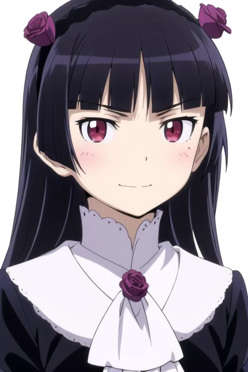 solo, 1girl, looking at viewer, 2D, anime, anime coloring, upper body, (simple background, solid white background:1.3), <lora:ruri-oreimo:0.8>, ruri gokou, kuroneko, red eyes, hairband, smirk