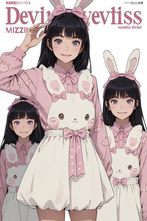 8k high quality detailed,highres,comic,anime,detailed image,
(an illustration of a teenage girl posing,magazine_sheet, (an illustration of girl,teenage girl)),(magazine_illustration),[multiple view manuscript],(fashion magazine),
(,ruri gokou,headband,long hair,black hair),(Devilish Smile),
(inugami-ke no ichizoku pose),detailed_face,realistic_skin_texture,
(, cyb dress,rabbit dress,white dress,rabbit skirt,shirt,animal print shirt,long sleeves,bow,pink bow,rabbit ears,rabbit print),realistic clothing texture,<lora:ruri:0.7>,<lora:cute_attire_style3_v1:0.6>