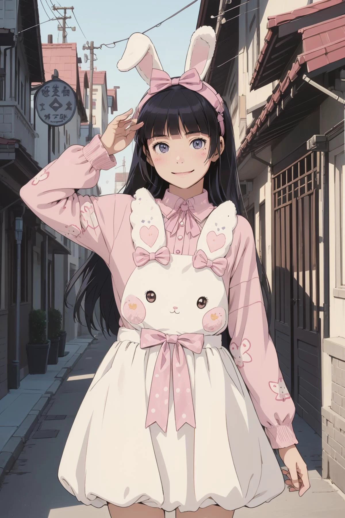 8k high quality detailed,highres,comic,anime,detailed image,
(an illustration of a age girl posing,magazine_sheet, (an illustration of girl,teengirl)),(magazine_illustration),[multiple view manuscript],(fashion magazine),
(,ruri gokou,headband,long hair,black hair),(Smug Smile),
(Zip-lining),detailed_face,realistic_skin_texture,
(, cyb dress,rabbit dress,white dress,rabbit skirt,shirt,animal print shirt,long sleeves,bow,pink bow,rabbit ears,rabbit print),realistic clothing texture,<lora:ruri:0.7>,<lora:cute_attire_style3_v1:0.6>