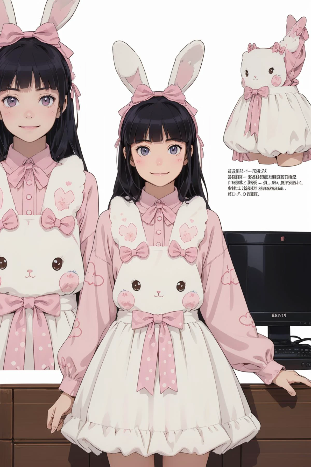 8k high quality detailed,highres,comic,anime,detailed image,
(an illustration of a teenage girl posing,magazine_sheet, (an illustration of girl,teenage girl)),(magazine_illustration),[multiple view manuscript],(fashion magazine),
(,ruri gokou,headband,long hair,black hair),(Evil Smile),
((cooking):0.7),detailed_face,realistic_skin_texture,
(, cyb dress,rabbit dress,white dress,rabbit skirt,shirt,animal print shirt,long sleeves,bow,pink bow,rabbit ears,rabbit print),realistic clothing texture,<lora:ruri:0.7>,<lora:cute_attire_style3_v1:0.6>