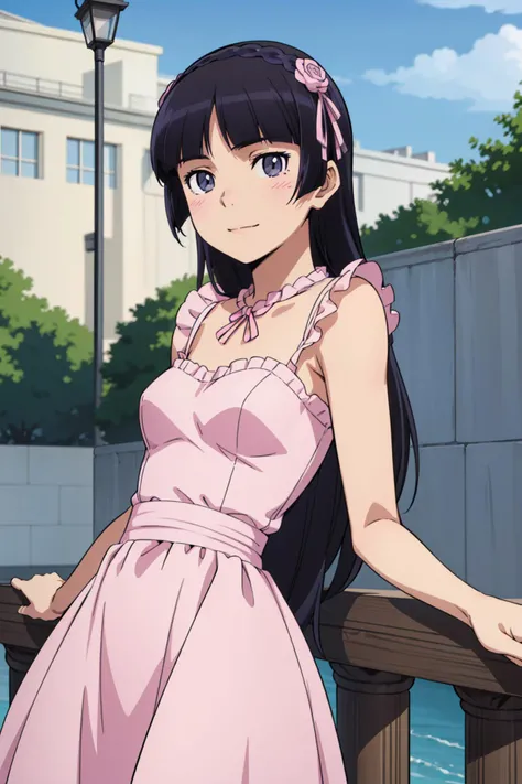8k high quality detailed,highres,anime,comic,detailed image,
(an illustration of a teenage girl posing,(an illustration of girl,teenage girl)),(magazine_illustration),
(,ruri gokou,headband,long hair,black hair),((Tender Smile):0.8),detailed_face,
((Leaning against a railing, gazing into the distance,):0.8),
(,again_dress_v1,pink_dress,loose_fitting),(,realistic clothing texture,realistic_skin_texture),<lora:ruri:0.7>,<lora:Again_Dress_v1:0.6>,<lora:more_details:0.2>