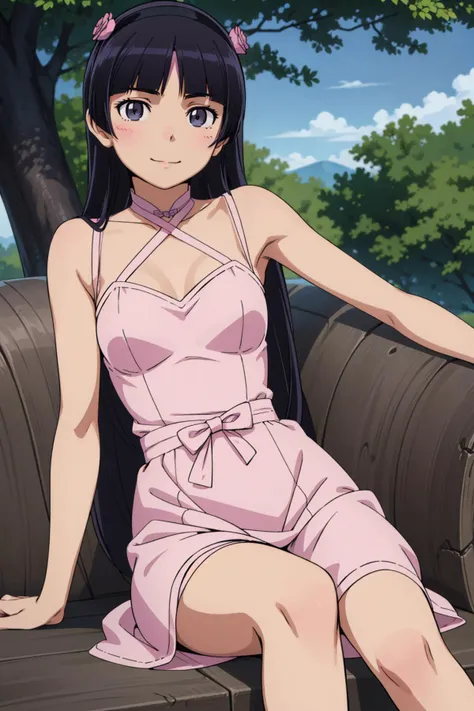 8k high quality detailed,highres,anime,comic,detailed image,
(an illustration of a teenage girl posing,(an illustration of girl,teenage girl)),(magazine_illustration),
(,ruri gokou,headband,long hair,black hair),((Mysterious Smile):0.8),detailed_face,
((Resting against a tree trunk, legs stretched out, showing a tranquil moment,):0.8),
(,again_dress_v1,pink_dress,loose_fitting),(,realistic clothing texture,realistic_skin_texture),<lora:ruri:0.7>,<lora:Again_Dress_v1:0.6>,<lora:more_details:0.2>