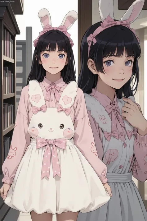8k high quality detailed,highres,comic,anime,detailed image,
(an illustration of a teenage girl posing,magazine_sheet, (an illustration of girl,teenage girl)),(magazine_illustration),[multiple view manuscript],(fashion magazine),
(,ruri gokou,headband,long hair,black hair),(Pleased Smile),
((Sneak Attack, Crouching low to the ground, ready to surprise the enemy,):0.5),detailed_face,realistic_skin_texture,
(, cyb dress,rabbit dress,white dress,rabbit skirt,shirt,animal print shirt,long sleeves,bow,pink bow,rabbit ears,rabbit print),realistic clothing texture,<lora:ruri:0.7>,<lora:cute_attire_style3_v1:0.6>