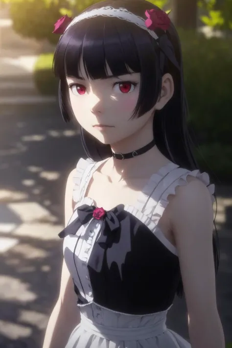 ((picture perfect)), fashion photography portrait of cute girl with jet black hair, ruri gokou, choker, adorable, frowning, red eyes, BREAK pale and smooth skin, hairband, 3d render, cgi, octane render, 35mm, bokeh, 9:16, (intricate details, hyperdetailed:1.15), detailed, sunlight passing through hair, (hyperrealism, soft light, dramatic light, sharp, HDR) <lora:ruri:0.9> <lora:beautifuldetailedeyes:0.35>