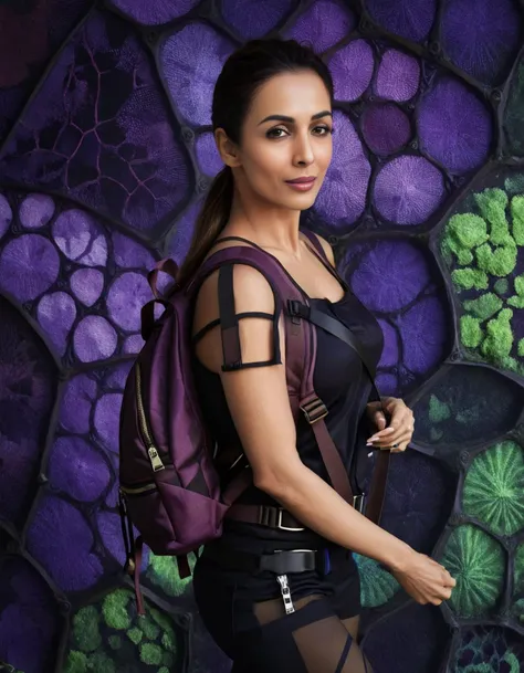 MalaikaArora,<lora:MalaikaAroraSDXL:1>, portrait,close up of a Woman, Injured, Walking, (dark violet theme:0.7) , Geeky Backpack, dungeon and Algae background, [stylized by Myles Birket Foster, Harold Harvey::6], geometric patterns, detailed skin