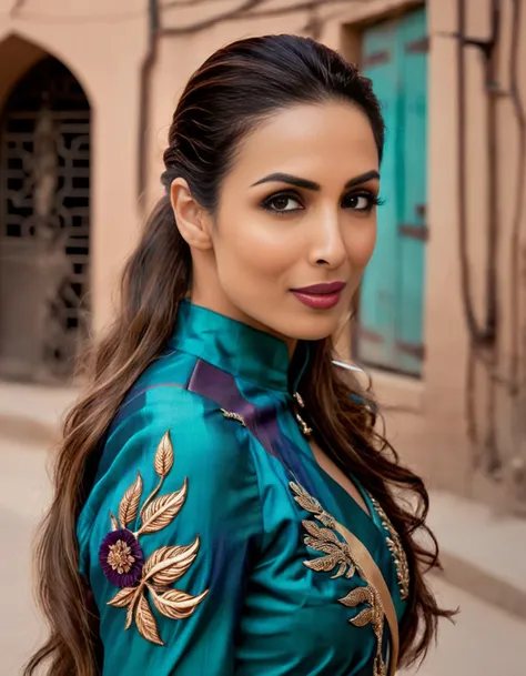 MalaikaArora,<lora:MalaikaAroraSDXL:1>, designed by Dustin Nguyen, portrait,close up of a Asymmetrical slender Amish Lance Corporal (Woman:1.3) wearing rogue Deep Purple, Teal and Bronze garb tailored by Sabyasachi Mukherjee, Unusual, fantasy, epic, back alley in medieval town, sinister, smirk, evil, Libyan hair styled as Shoulder-length, Hair Clip, Winter, Bokeh, Simple illustration, Seapunk Art, natural lighting, F/5, four colors, matte skin