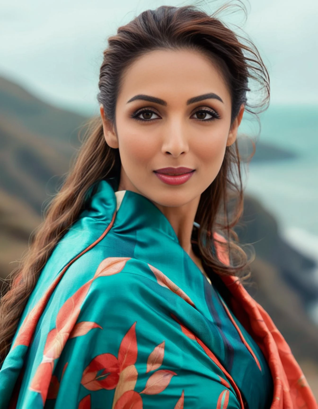 MalaikaArora,<lora:MalaikaAroraSDXL:1>, designed by L. S. Lowry, portrait,close up of a Regal Asian (Female:1.3) , ð, in outfit, she has a Sephardic Turquoise and Coral Cloak, hillside, Cosy, good-looking, multidimensional, in the style of Starbucks