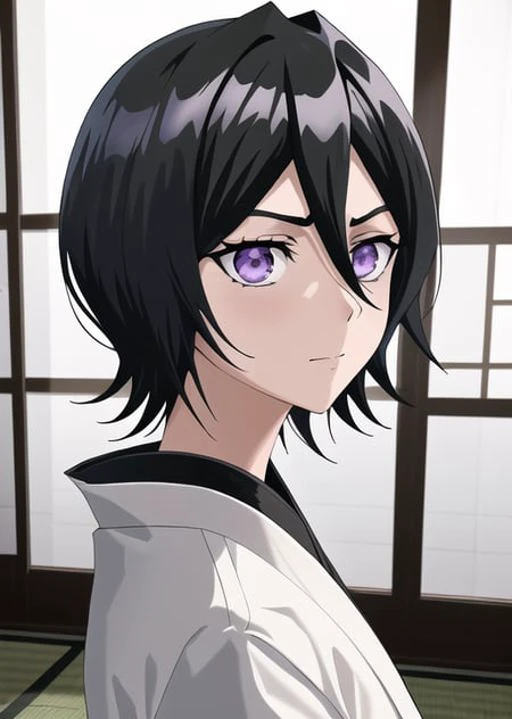 vslinx_rukia, wearing black kimono, view of upper body, closed mouth, japanese dojo doors in background, front view, beautiful, highly detailed, unreal engine, octane render, detailed face, 8k high res, extremely detailed eyes, masterpiece, gorgeous, award winning, dynamic shadows, volumetric lighting